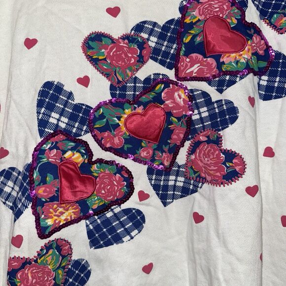 COMFY CLUB Women's Comfy Cotton Sweater Hearts‎ L Embroidered Pink White - Picture 4 of 6